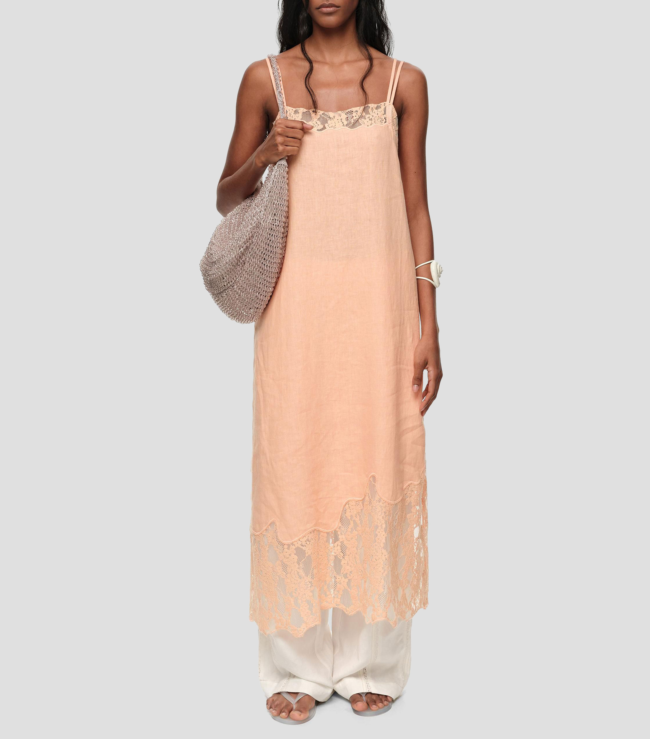 Vestido midi encaje lino lavado Mujer
